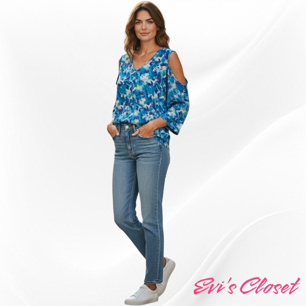Caribbean Joe Cold Shoulder Women's Top Tropic Vibrant Blue Purple Abstract S XL